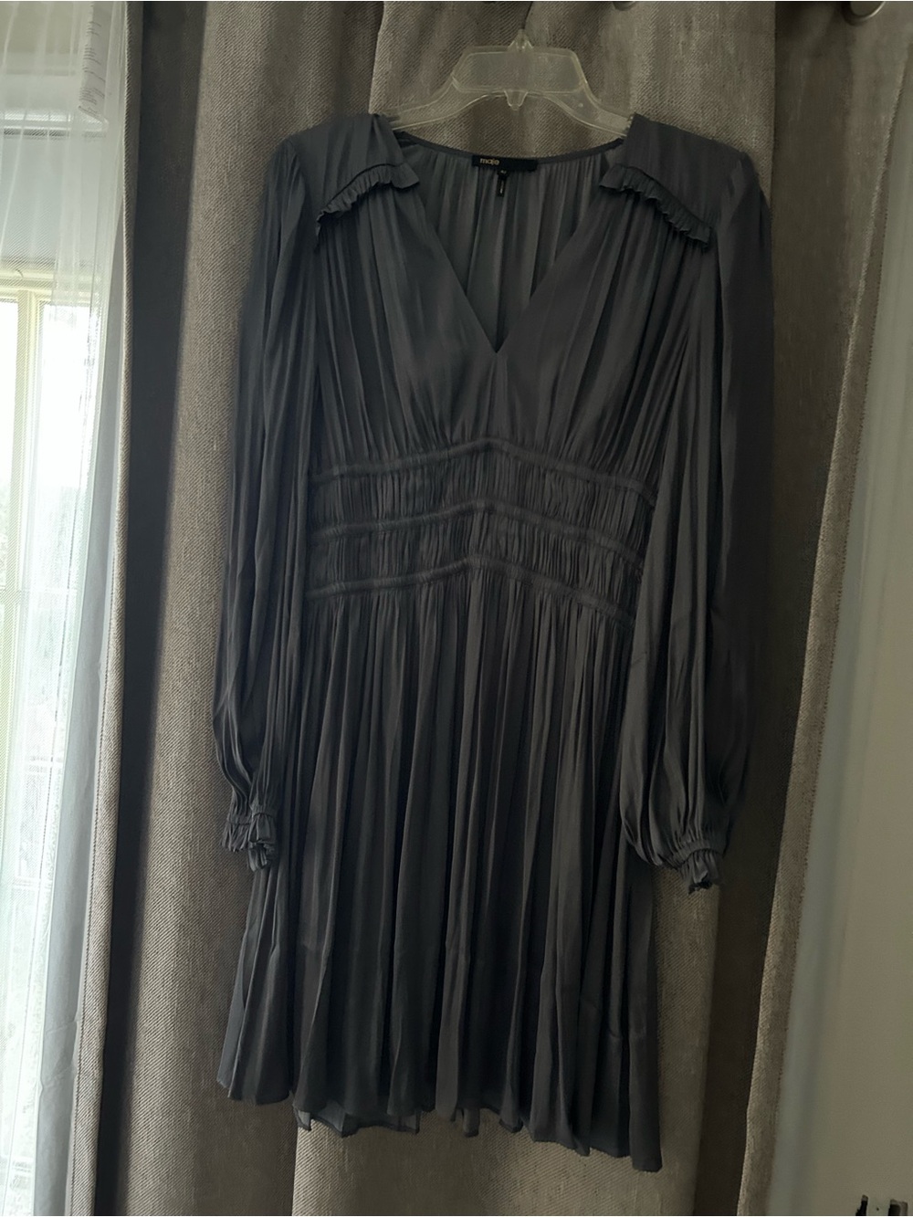 Maje Charcoal Gray Pleated Long Sleeve Dress